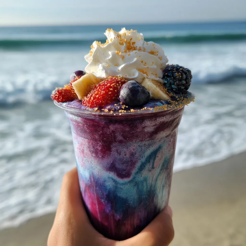 A vibrant purple and blue smoothie bowl, topped with whipped cream, granola, strawberries, blueberries, and banana slices, is held against a backdrop of a beautiful ocean wave.  The colorful smoothie appears thick and creamy, making it a visually appealing and refreshing treat, perfect for a day at the beach.  The golden granola adds a delightful textural contrast.
