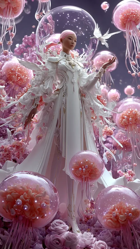 A digital artwork depicts a woman in an elaborate white dress, standing amidst a field of glowing pink jellyfish and roses.  She is enclosed within a transparent dome, a white bird perched nearby.  The overall aesthetic is dreamy and ethereal, with soft lighting and pastel colors creating a fantastical scene.  Intricate details adorn her attire and the surrounding flora, suggesting a magical or otherworldly setting.
