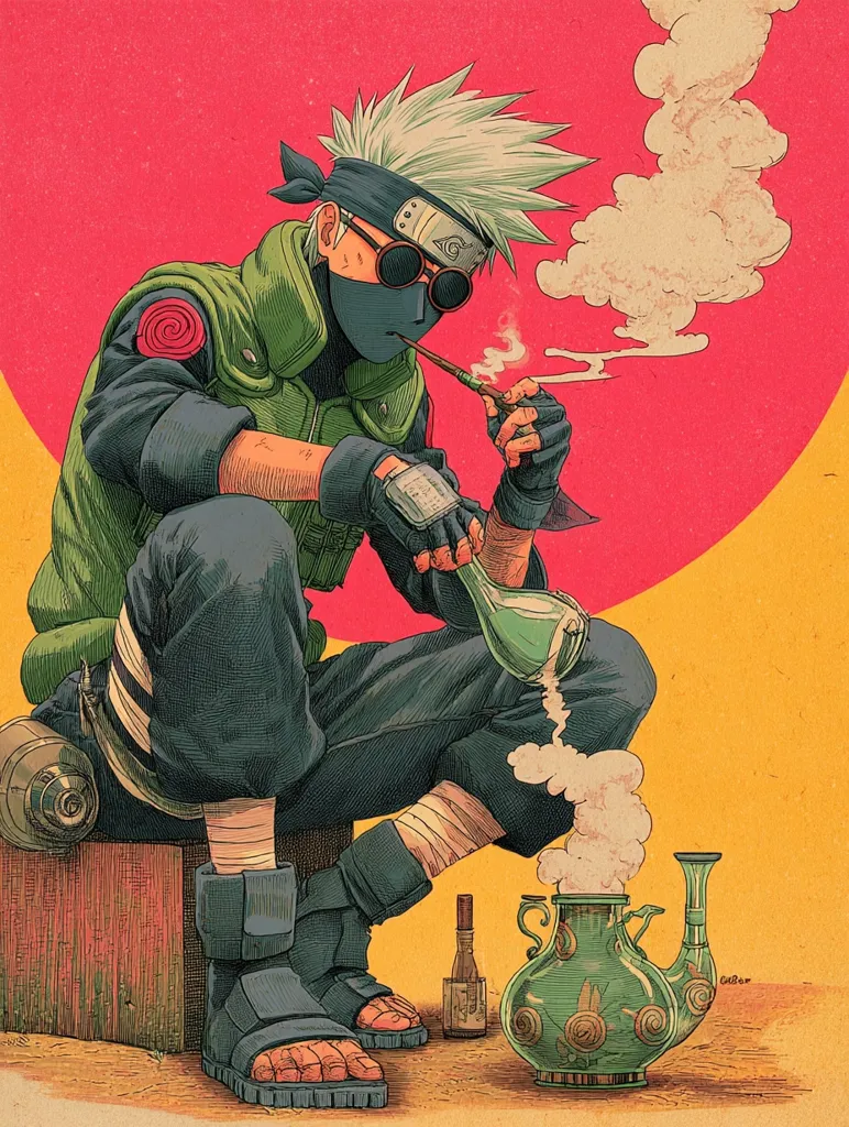 A stylized illustration of Kakashi Hatake from Naruto, depicted in a relaxed pose. He's seated, wearing his signature attire, sunglasses, and a headband.  He holds a pipe, smoke curling around him, and pours liquid from a bottle into a decorative teapot. The overall aesthetic is vintage, with a muted color palette and textured style.  The background features a large, vibrant red circle.