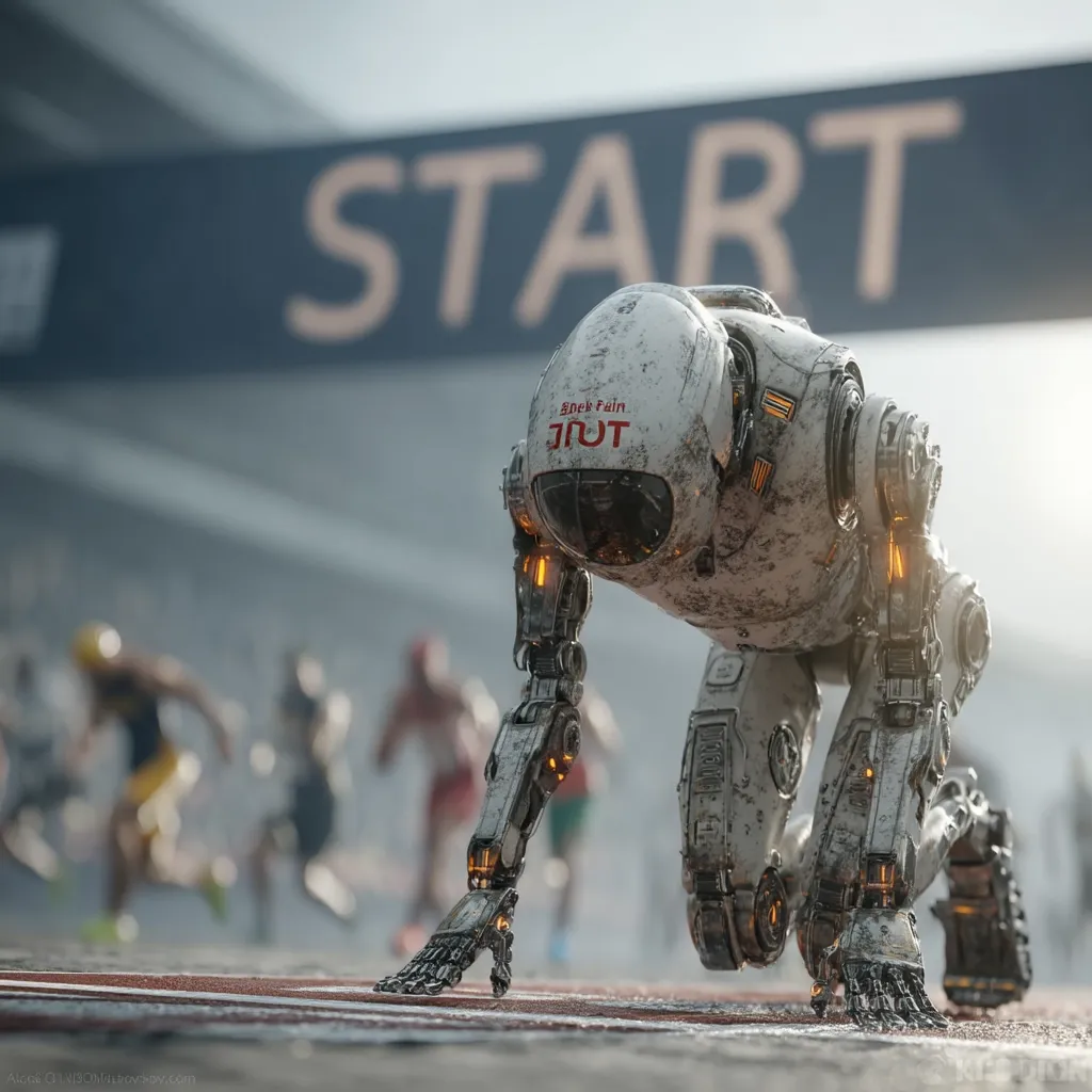 A weathered, white robot, marked "Shock Pain" and "JIUT," is poised in a runner's starting position on a track.  Blurred human runners are visible in the background, emphasizing the robot's presence at the starting line, just before a race. The word "START" is displayed prominently above the scene.  The robot's worn appearance suggests previous races or battles.