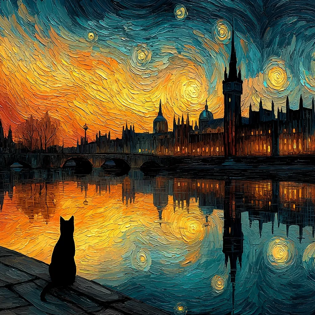 A black cat sits silhouetted against a vibrant, starry night sky reflecting on calm water.  The scene is painted in the style of Van Gogh, with swirling brushstrokes of warm oranges and yellows contrasting with cool blues and greens.  The reflection of a city skyline, possibly London's Houses of Parliament, is mirrored perfectly in the water below.  The overall effect is dreamlike and serene.