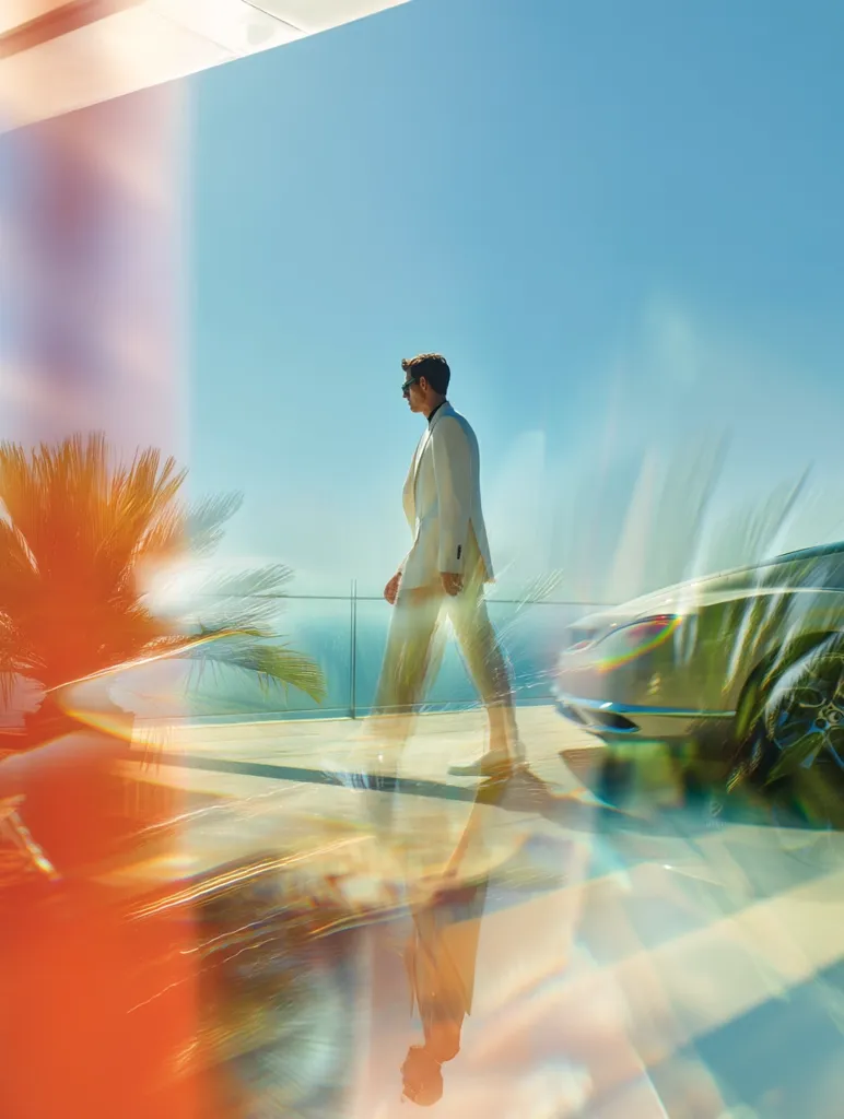 A man in a white suit walks along a modern building's edge, overlooking a tranquil ocean scene under a clear blue sky. Palm trees frame the background, enhancing the luxurious feel. A sleek, light-colored car is parked nearby. The image is stylized with a dreamlike quality, featuring a blurred, refractive effect that adds depth and intrigue. The overall mood is one of sophistication and serenity.
