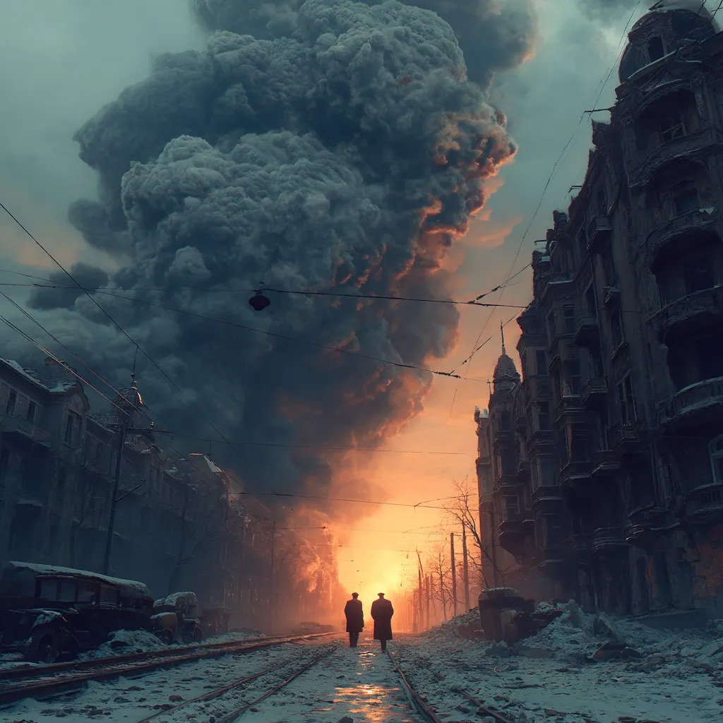 A dramatic, post-apocalyptic scene unfolds. Two figures walk away from a massive, dark plume of smoke engulfing a snow-covered city street at sunset.  Damaged buildings line the tram tracks, creating a stark contrast between the destruction and the fiery orange sky.  The overall mood is somber and suggestive of war or a catastrophic event.