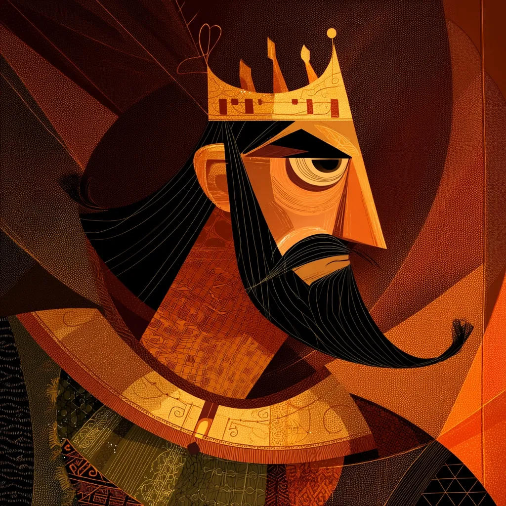 A stylized portrait of a king, depicted in a geometric, almost Cubist style.  He wears a golden crown and ornate robes, his face is serious and features a prominent beard.  The color palette is warm, dominated by oranges, browns, and golds, creating a rich and regal atmosphere. The overall style is modern and graphic, yet evokes a sense of ancient power and authority.