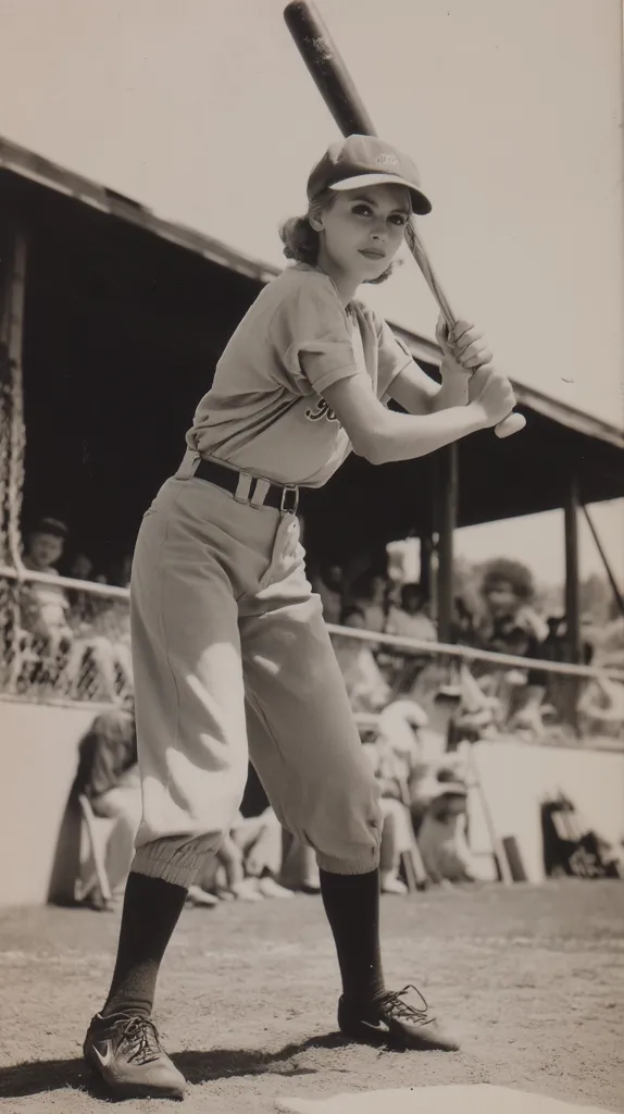 A black and white photograph captures a woman in a baseball uniform, poised at bat.  She wears a cap, jersey, high-waisted pants, and knee-high socks.  Her stance is athletic, her gaze directed slightly away from the camera.  Spectators are visible in the blurred background, seated in bleachers at a baseball field.  The overall feel is nostalgic and evocative of classic baseball imagery.