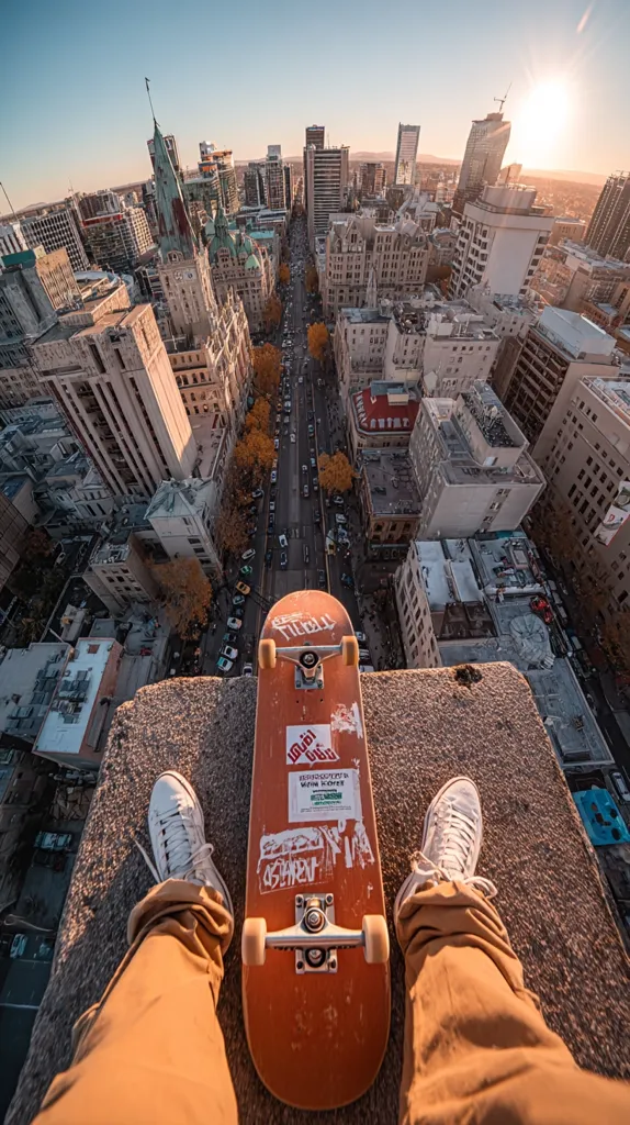 A skateboard rests on the edge of a rooftop, overlooking a sprawling city at sunset.  The person's feet, clad in tan pants and white sneakers, are positioned on the board.  The cityscape stretches into the distance, showcasing a mix of modern and older buildings, bathed in the warm glow of the setting sun. The scene evokes a feeling of freedom and adventure.