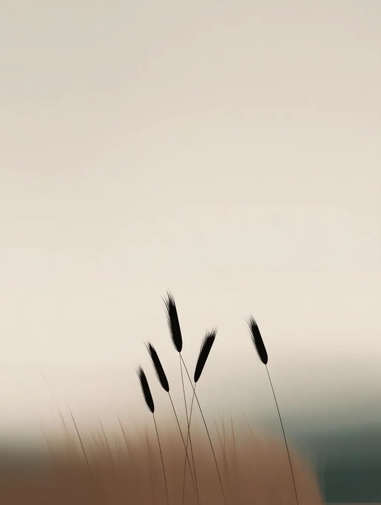 A minimalist image depicts several silhouetted wheat stalks against a blurred, muted background.  The wheat stands tall and slender, their dark forms contrasting with the soft, light beige and brown tones of the field and sky. The overall impression is one of serenity and simplicity, evoking a feeling of peace and quietude in nature.