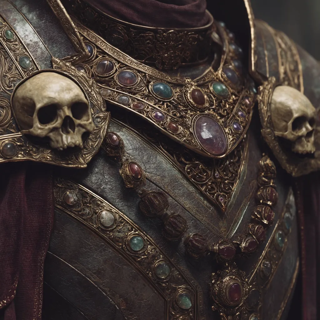 A close-up reveals intricate details of ornate armor.  The dark grey breastplate is adorned with elaborate gold filigree, studded with various colored gemstones.  Two skull motifs flank a central, larger gemstone.  Deep red fabric peeks from beneath the armor, adding a dramatic contrast. The craftsmanship suggests a regal or powerful figure.