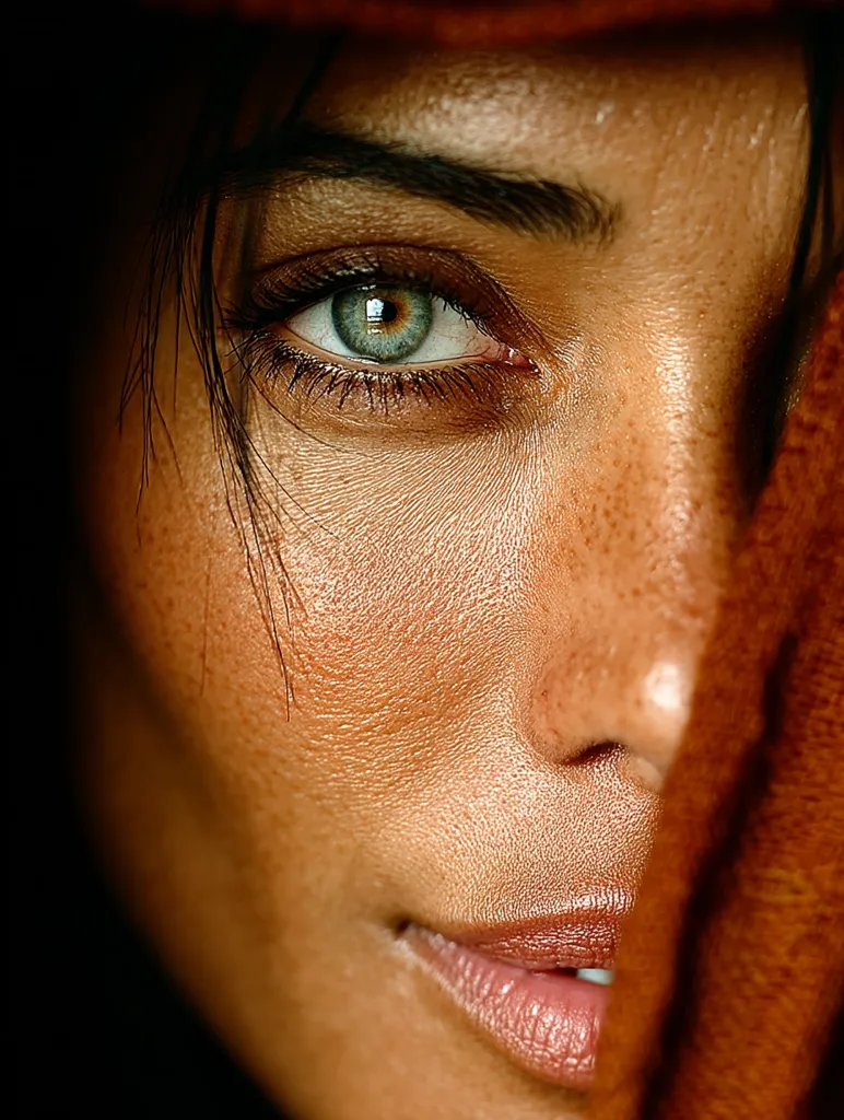 A close-up shot reveals a woman's face, partially obscured by a fabric.  Her captivating green eye is prominently featured, accentuated by dark lashes and brows.  Freckles dot her sun-kissed skin, adding to her natural beauty.  A hint of a smile plays on her lips, creating a mysterious and alluring expression. The image is richly textured and emphasizes the detail of her skin.