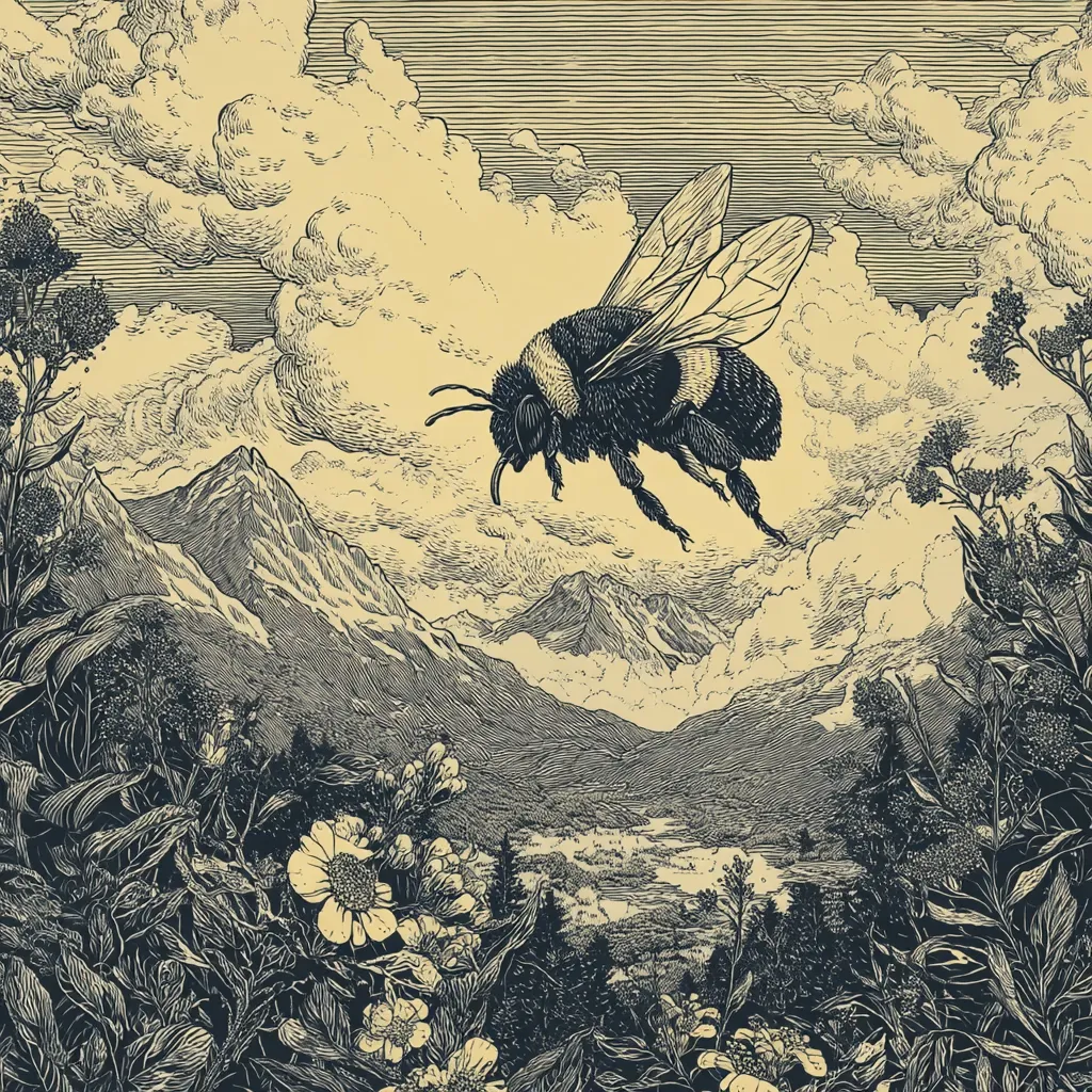 A detailed, woodcut-style illustration depicts a bumblebee in flight against a dramatic mountain landscape.  The bee, rendered with intricate detail, is sharply contrasted against a pale yellow sky filled with fluffy clouds.  Below, a valley unfolds, lush with vegetation, leading the eye to a range of imposing peaks. The overall aesthetic is reminiscent of vintage nature prints or botanical illustrations.