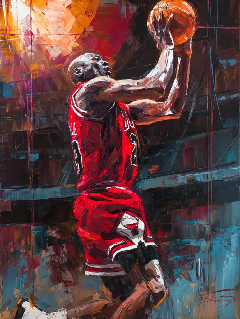 A vibrant, impasto-style painting depicts Michael Jordan in mid-air, executing a powerful jump shot.  He's wearing his iconic Chicago Bulls jersey, the red vividly contrasting with the dark, expressive background.  The brushstrokes are bold and energetic, capturing the dynamism of the moment and the intensity of the game.  Light streams down from above, highlighting Jordan's focused determination.