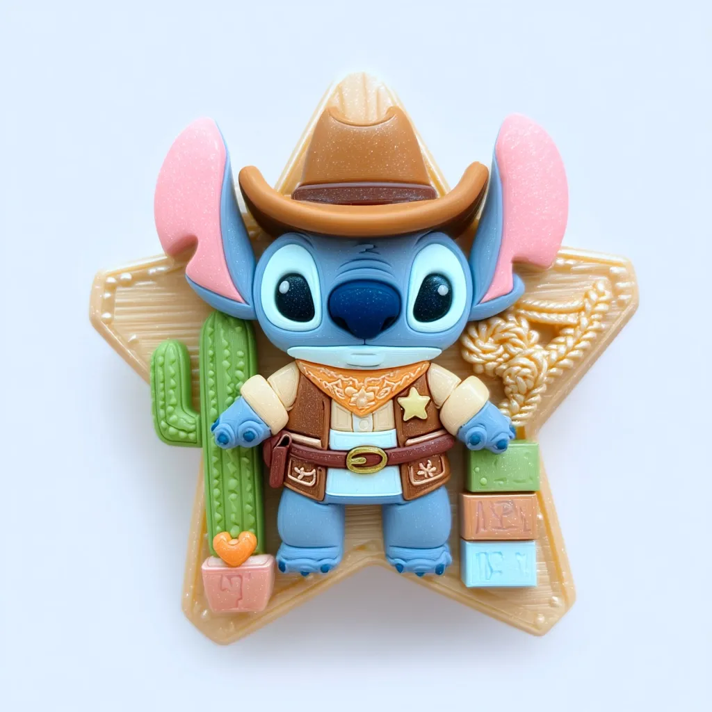 A charming Stitch figurine, dressed in a cowboy outfit complete with a brown hat and sheriff's star, is the centerpiece of a star-shaped decoration.  Surrounding Stitch are sculpted cacti, a lasso, and small blocks, adding to the Wild West theme. The figurine is crafted from what appears to be polymer clay, with a textured and detailed finish.  The overall aesthetic is cute and playful.