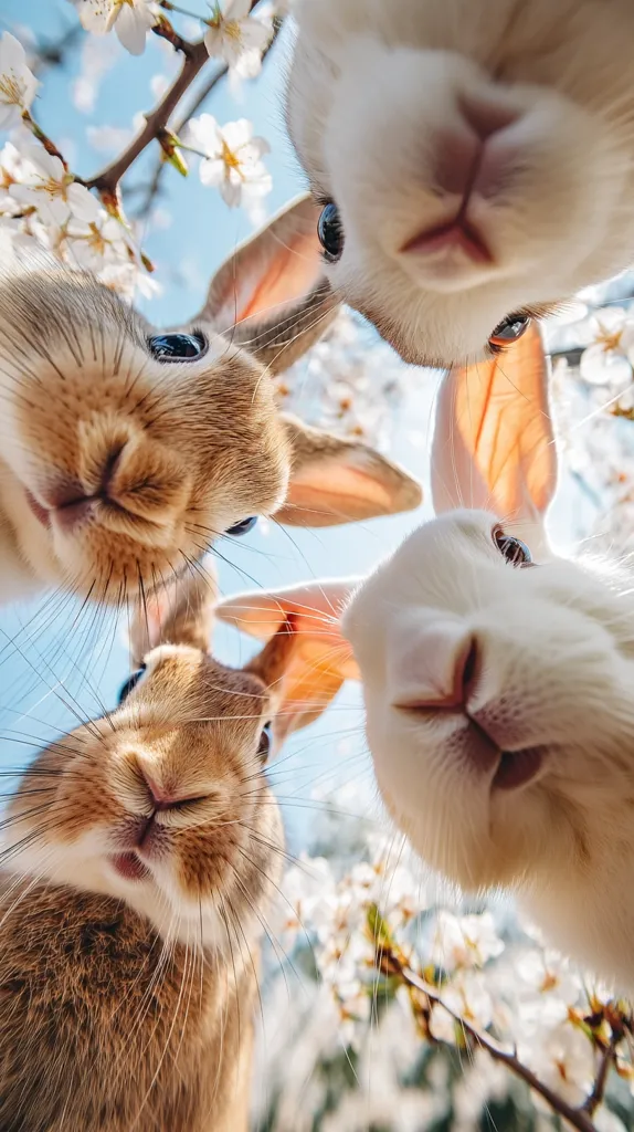 Four adorable rabbits, two brown and two white, look directly at the camera from a low angle.  They are surrounded by blooming cherry blossoms, creating a whimsical, springtime scene. The rabbits' close proximity and curious expressions create a charming and playful image.
