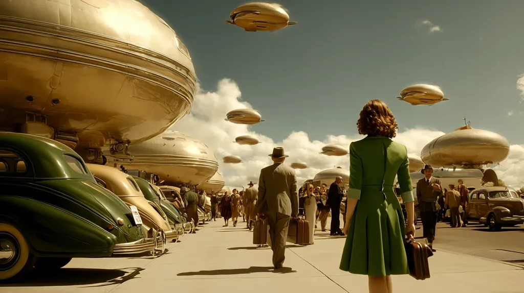 A retro-futuristic scene unfolds, featuring gleaming metallic airships hovering above a city street.  People in 1940s attire walk past rows of vintage cars parked near large, golden, dome-shaped structures. A woman in a green dress carries a briefcase, her back to the viewer, creating a sense of mystery and anticipation in this surreal, stylized setting.  The overall tone is one of calm yet intriguing otherworldliness.