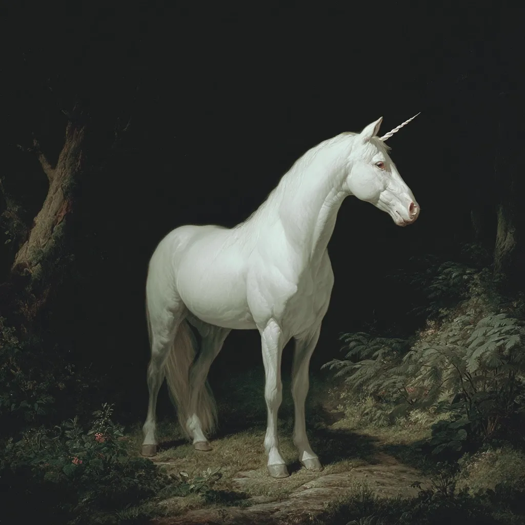 A majestic white unicorn stands in a dark forest, its single horn spiraling elegantly. The creature is depicted with a serene expression, its coat gleaming subtly in the dim light.  Surrounding it, lush greenery and a shadowy tree create a mystical atmosphere, enhancing the unicorn's mythical presence.  The overall style suggests a classical approach to portraying this legendary animal.