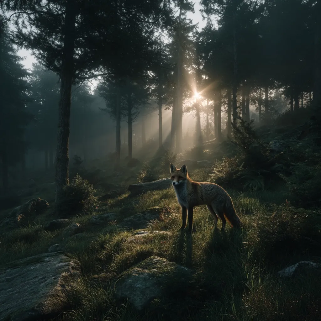 A red fox stands alert in a misty forest, bathed in the golden rays of a rising sun filtering through the dense trees.  The scene is serene and mystical, the soft light illuminating the fox and the moss-covered rocks on the forest floor.  Tall trees create a shadowy backdrop, enhancing the atmospheric depth and tranquility of the woodland setting.