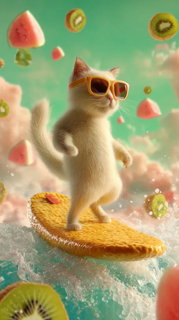 A fluffy white kitten, wearing yellow sunglasses, confidently stands on a surfboard shaped like a piece of fruit.  Surrounded by floating watermelon slices and kiwi fruit, it rides a wave of bubbly, turquoise water against a pastel green background. The scene is whimsical and playful, suggesting a summery, fruity adventure.
