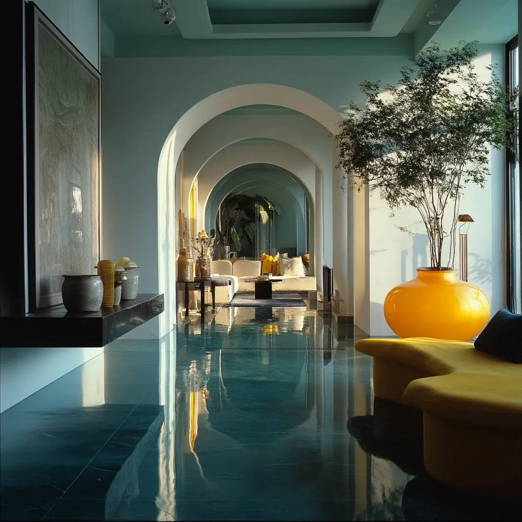A long hallway with arched doorways leads to a sitting area.  The floor is highly polished, reflecting the teal walls and ceiling.  A large, vibrant yellow vase containing a leafy green plant sits near a yellow modular sofa.  The walls display artwork and decorative vases. The overall style is minimalist and modern with a touch of warmth.
