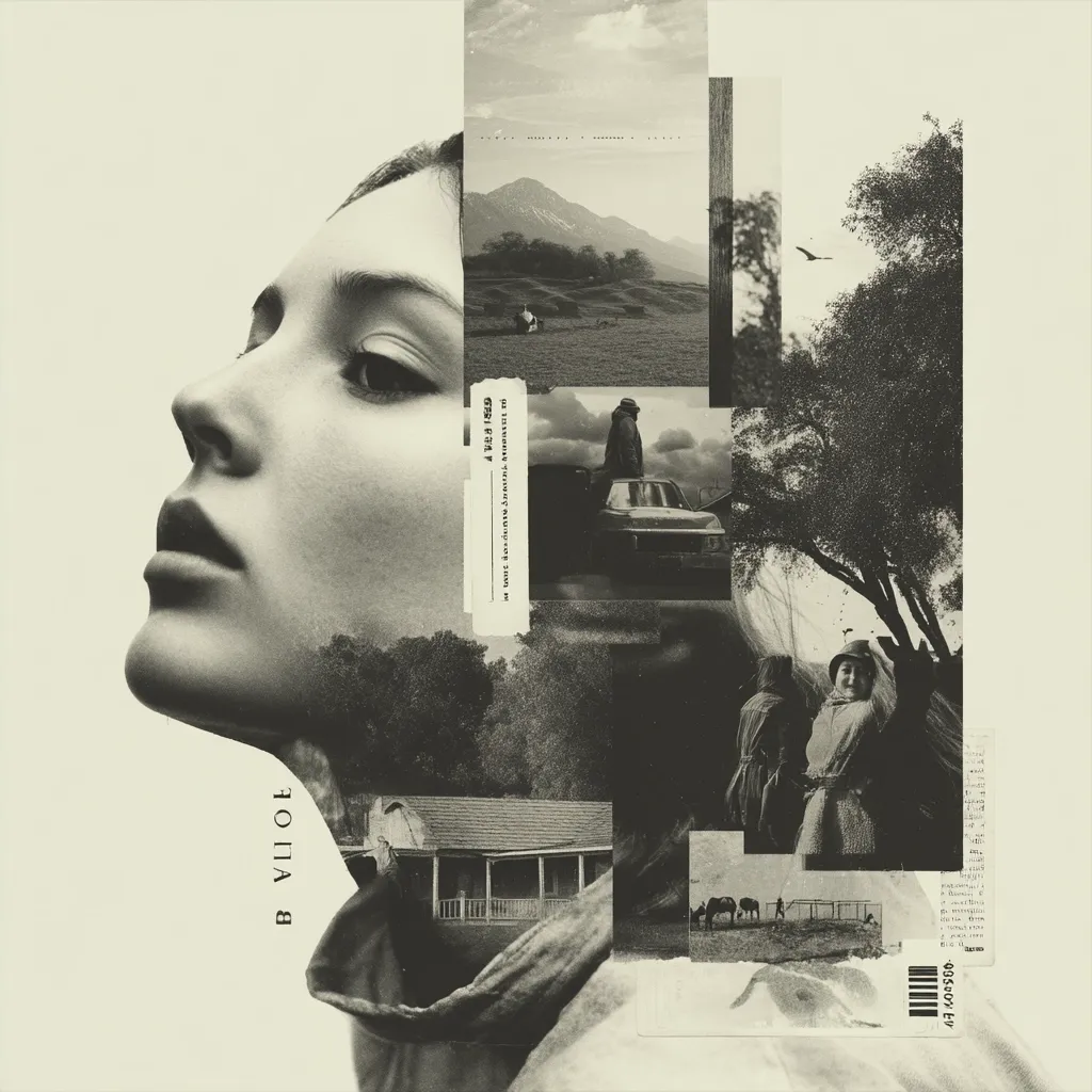 A collage artwork features a woman's face in profile, overlaid with sepia-toned images of rural landscapes.  Scenes include a farmhouse, figures in fields, livestock, and vehicles. The overall mood is nostalgic and evocative of a simpler time, with a vintage aesthetic. The word "BALLOE" is vertically oriented along the side.  A barcode is in the bottom right corner.