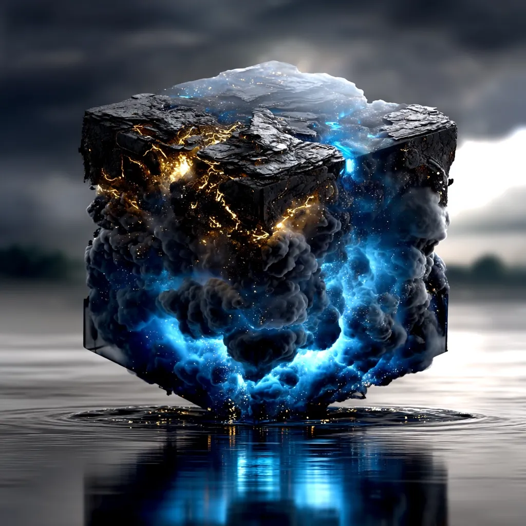 A dark, cubic structure, seemingly made of stone, floats on a calm body of water.  Intense blue and gold energy pulses from within its cracks, erupting in swirling clouds of smoke. The scene is dramatic, set against a moody, overcast sky.  The cube's reflection is perfectly mirrored on the water's surface, enhancing the ethereal and otherworldly ambiance.
