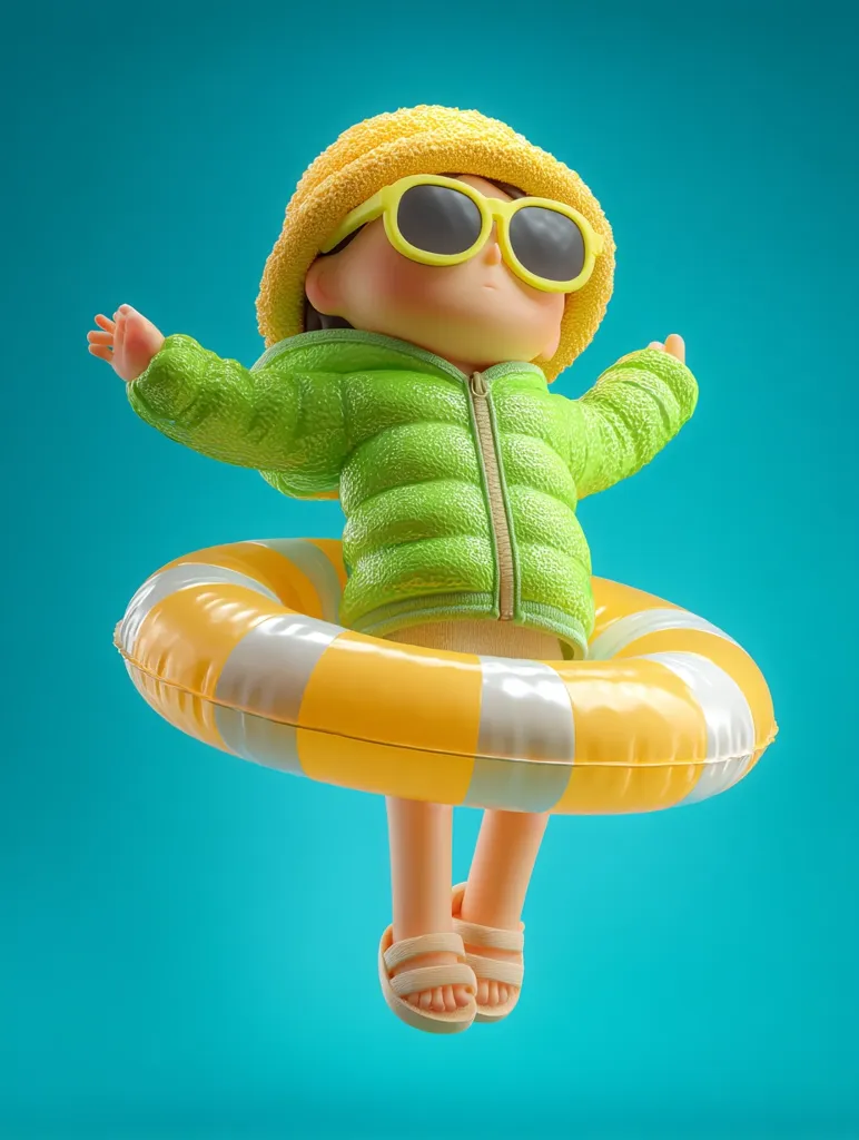 A 3D-rendered cartoon child, wearing a lime green puffer jacket, yellow beanie, and sunglasses, joyfully sits in a yellow and white inflatable ring against a teal backdrop.  The child's arms are outstretched, and their legs dangle below the ring.  The overall style is cheerful and playful.