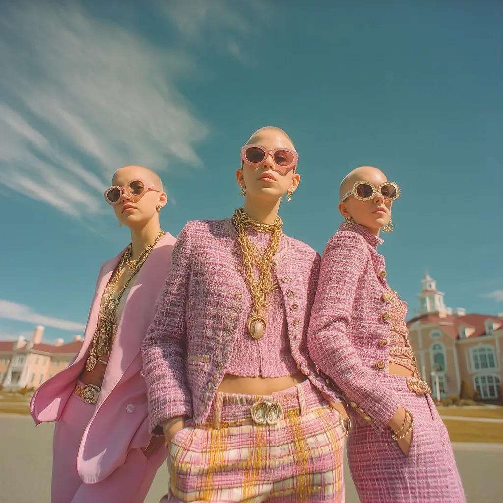 Three bald women in pink outfits stand against a sunny sky and a backdrop of a pastel-colored building.  They wear matching pink suits and sunglasses, accessorized with layered gold necklaces. The central figure sports a tweed jacket and plaid pants, while the others wear matching blazers.  The overall aesthetic is stylish and retro-inspired.
