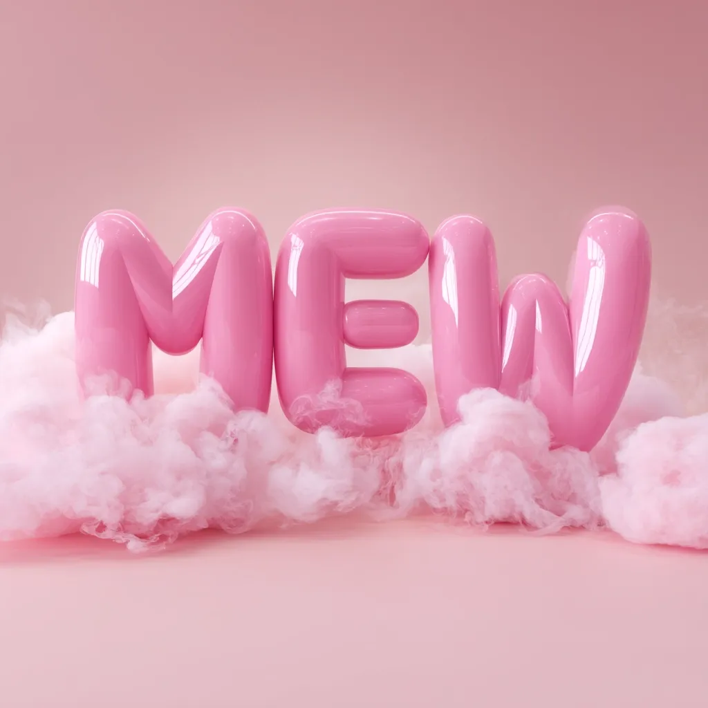 The word "MEW" is displayed in large, glossy, pink, balloon-like letters.  The letters rest on a fluffy, pink cloud resembling cotton candy, all set against a matching pink background.  The image evokes a playful, whimsical, and sweet aesthetic.