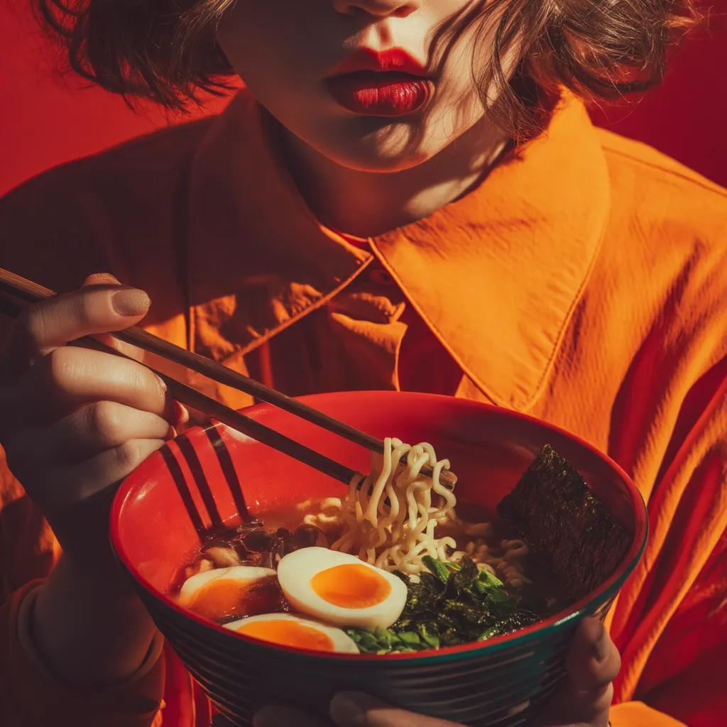 Close-up of a young woman with short, dark hair wearing a vibrant orange shirt.  She's delicately using chopsticks to eat a bowl of ramen. The ramen features noodles, sliced eggs, seaweed, and other ingredients. The warm lighting and rich colors create a visually appealing image. The focus is on the food and the woman's hands, emphasizing the act of eating.