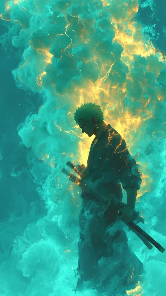 A stylized portrait of Roronoa Zoro from One Piece.  He stands silhouetted against a swirling backdrop of teal and gold, resembling smoke or energy.  Zoro holds his swords, his posture suggesting contemplation or readiness. The vibrant colors and dynamic composition create a powerful and evocative image.
