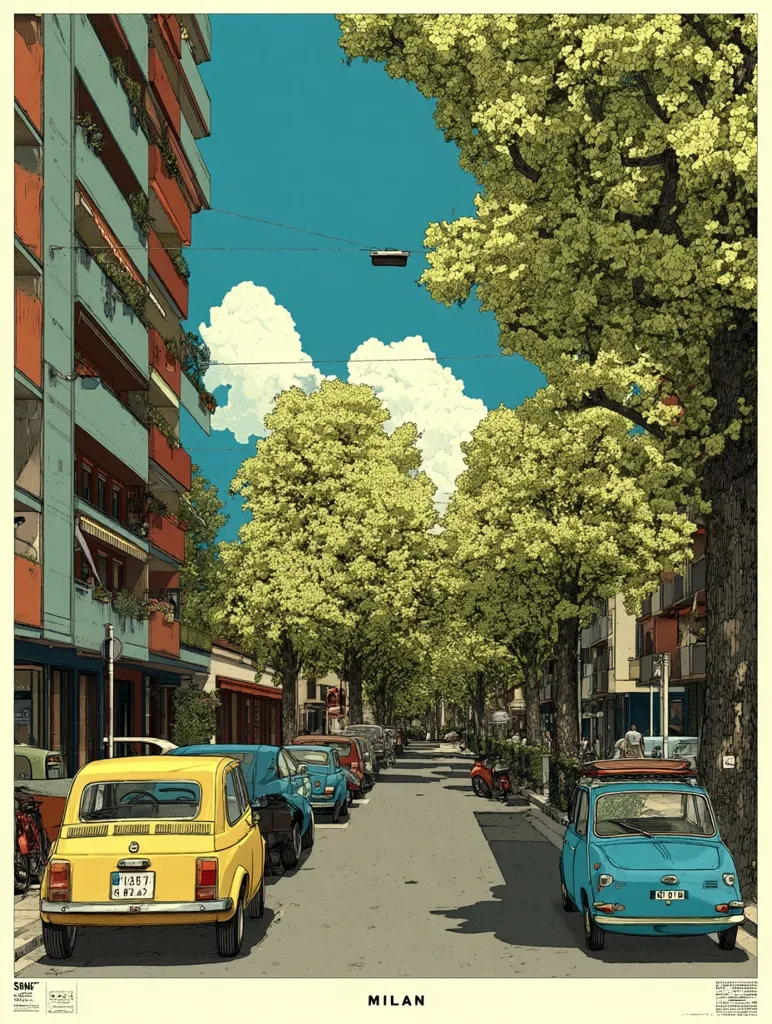 A vibrant illustration depicts a sun-drenched Milan street lined with lush, green trees.  Classic Italian cars, including a yellow Fiat 500 and a light blue Fiat 600, are parked along the curb.  Tall apartment buildings with balconies flank the street, showcasing a charming urban scene.  The style is reminiscent of vintage travel posters, with bold colors and meticulous detail.  The overall mood is peaceful and idyllic.