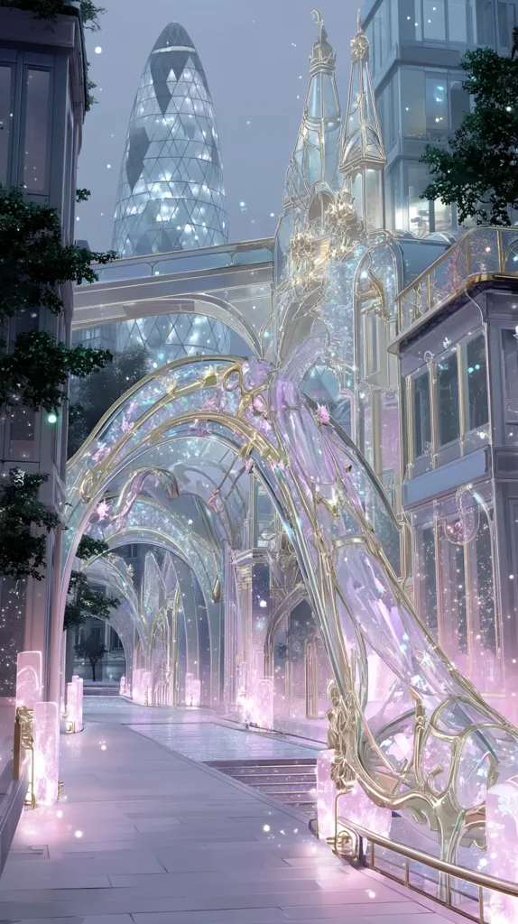 A whimsical, glass-like high-heeled shoe forms an archway over a pathway in a city.  The architecture blends modern skyscrapers, like the iconic London skyscraper, with ornate, fairytale-esque buildings.  Soft, pastel lighting and falling sparkles create a magical, dreamlike atmosphere.  The scene is peaceful and enchanting, suggesting a fantastical urban setting.