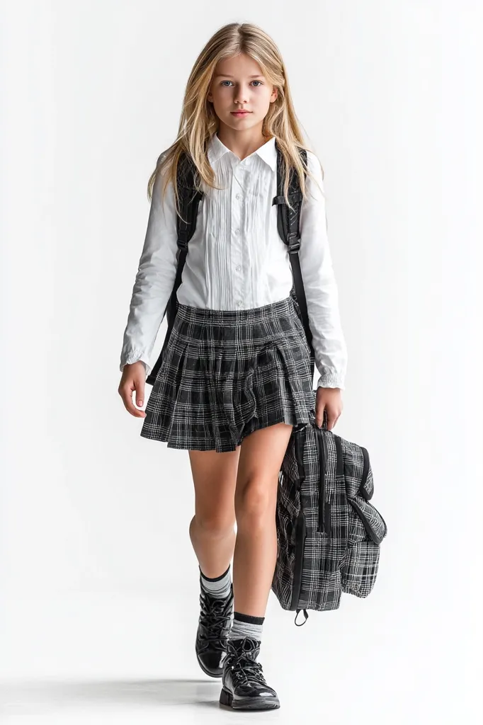 A blonde girl, wearing a white long-sleeved shirt, a pleated plaid skirt, black boots, and gray socks, carries a large plaid backpack.  She's walking towards the camera against a white background, presenting a stylish schoolgirl look.  Her expression is serious and direct.