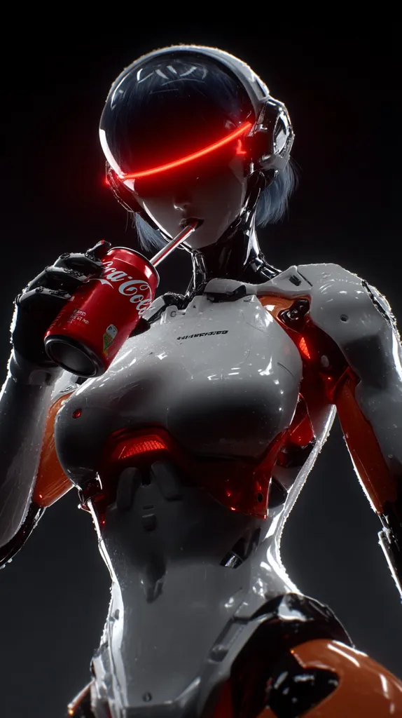 A female android, sleek and futuristic, with a white and orange exoskeleton, sips a Coca-Cola can through a straw.  She wears a helmet with a glowing red visor, and condensation glistens on her polished surface. The dark background accentuates her vibrant design, creating a striking image of robotic femininity.