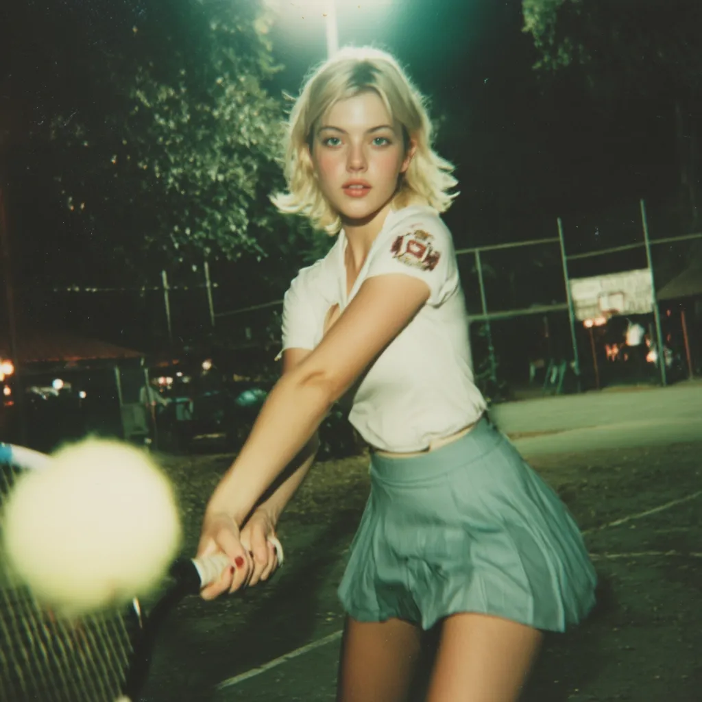 A young woman with blonde hair, wearing a white t-shirt and a teal pleated tennis skirt, is captured in a nighttime outdoor shot.  She's holding a tennis racket, about to hit a tennis ball, on a court bathed in greenish light. The background is blurred, showing a dark night scene with trees and a faint suggestion of other people and buildings.  The overall mood is evocative and nostalgic.