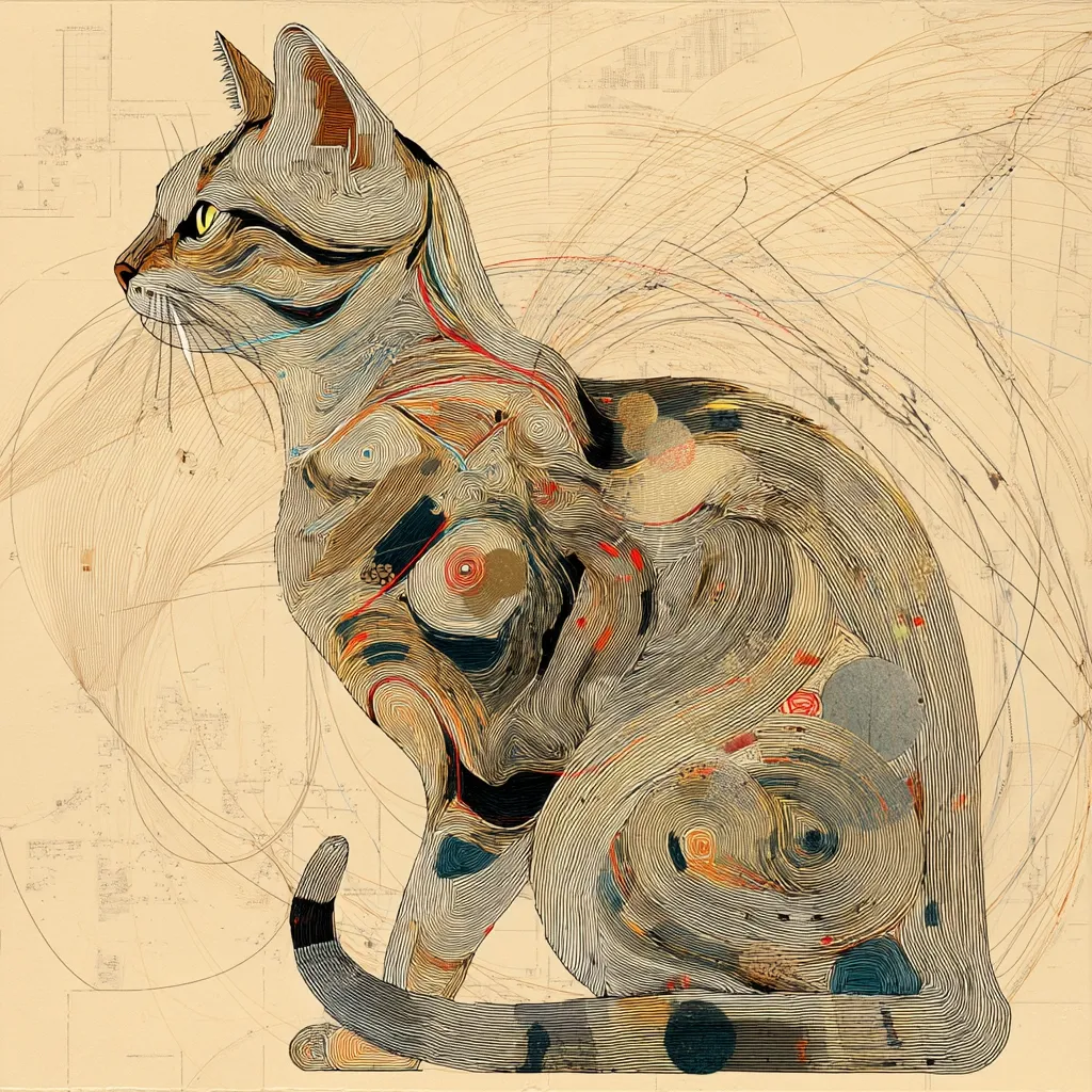A stylized illustration of a tabby cat, depicted in a profile view. The cat's form is composed of intricate, swirling lines and patterns, creating a complex texture reminiscent of topographic maps or anatomical drawings.  The background features a muted beige tone with overlaid lines and sketches, adding to the artwork's abstract and layered effect. The overall color palette is muted, with earthy tones and subtle pops of color within the cat's design.