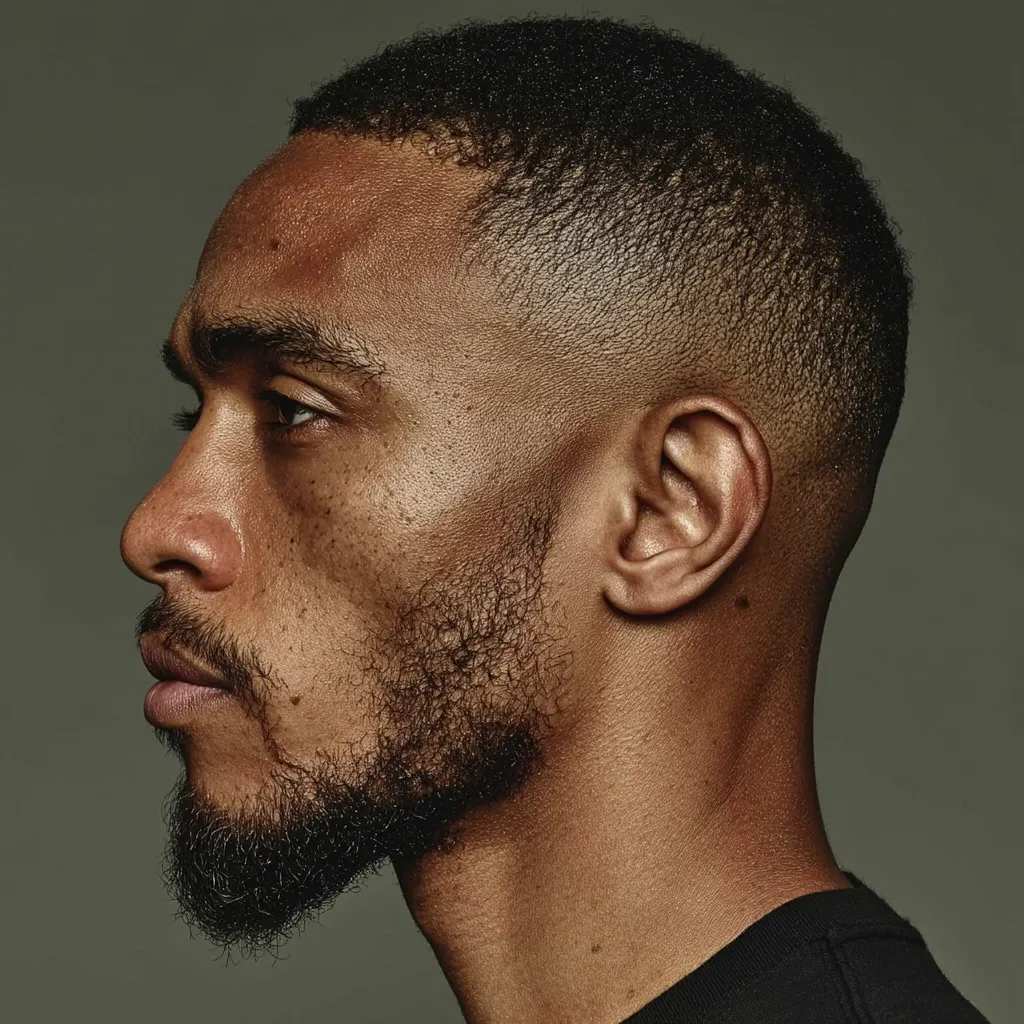 Close-up profile view of a dark-skinned man with a short, well-groomed haircut and a neatly trimmed beard.  His expression is serious and contemplative. The lighting emphasizes the texture of his skin and hair.  He's wearing a dark-colored shirt. The background is a muted, neutral tone.