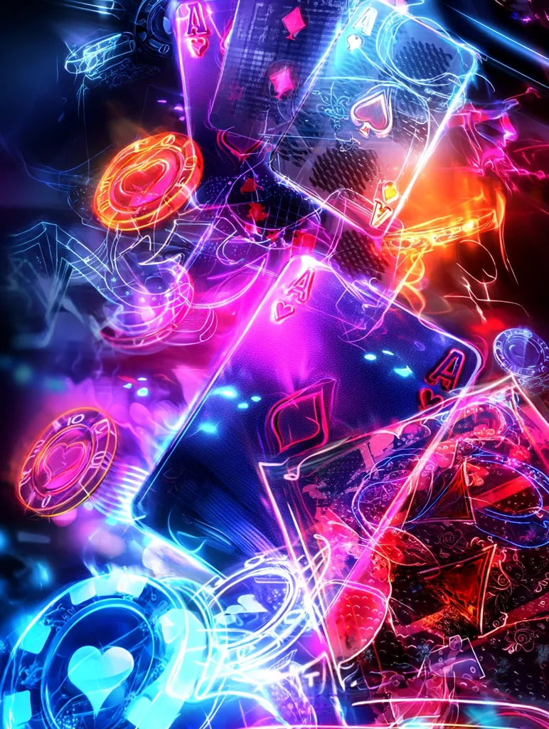 A vibrant, abstract image depicts playing cards and poker chips.  Neon colors of pink, blue, and red illuminate the scene, creating a dynamic and energetic feel.  The cards and chips appear translucent, with glowing outlines, suggesting movement and energy.  The overall style is visually striking and evokes a sense of excitement and high stakes.