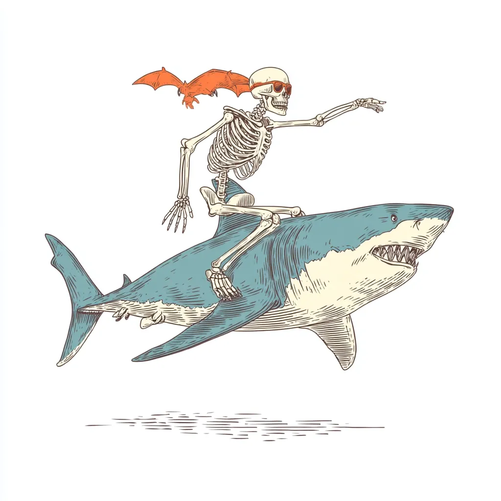 A whimsical illustration depicts a skeleton, wearing sunglasses and a bat-wing headband, casually riding a great white shark.  The skeleton's hand extends outward, as if gesturing to the viewer or enjoying the ride.  The style is reminiscent of vintage etchings or woodcuts, with detailed linework and muted colors.  The overall tone is playful and slightly macabre.