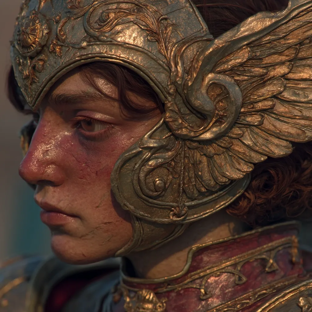 Close-up profile view of a female figure wearing an ornate, winged helmet. The helmet is gold and intricately detailed, while the figure's face shows signs of battle or wear.  Her expression is serious and somewhat somber.  The armor is richly colored, suggesting a warrior or noblewoman of significant status. The overall style is reminiscent of fantasy art or historical fiction.