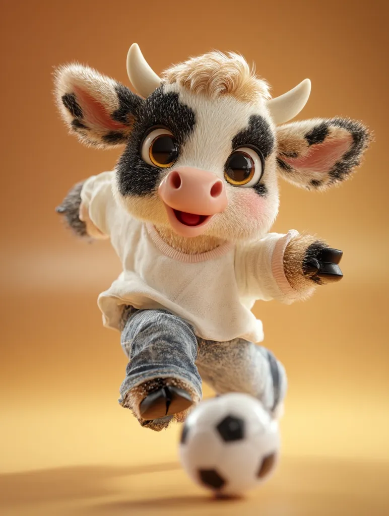 A charming, cartoonish calf, adorned in a white shirt and denim jeans, energetically kicks a soccer ball.  Its large, expressive eyes and fluffy coat enhance its adorable appeal. The calf's playful action is captured mid-kick, creating a dynamic and heartwarming image. The warm background complements the scene's overall cheerful tone.