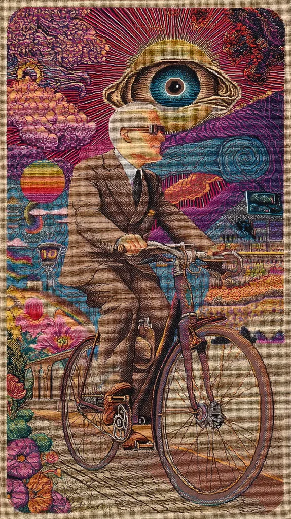 A stylized tapestry depicts a man in a suit riding a bicycle through a psychedelic landscape.  Surreal elements include a large eye, vibrant flowers, and a rainbow sun. The overall effect is dreamlike and whimsical, blending realistic imagery with hallucinatory elements in a tapestry-like texture. The man's expression is serious, contrasting the vibrant, fantastical background.