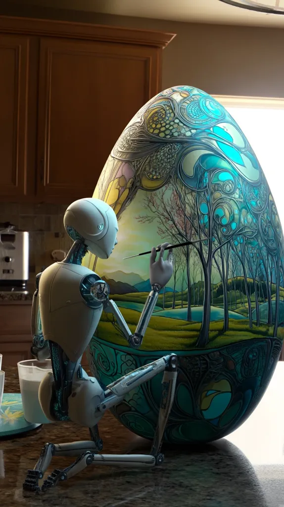 A white robotic figure, with intricate mechanical joints, kneels before a large, ornate egg.  The robot delicately paints a landscape scene onto the egg's surface using a thin brush. The egg's design is a blend of abstract patterns and a detailed, whimsical forest scene, showcasing vibrant turquoise and gold accents. The setting appears to be a domestic kitchen, suggesting a unique juxtaposition of technology and artistry.