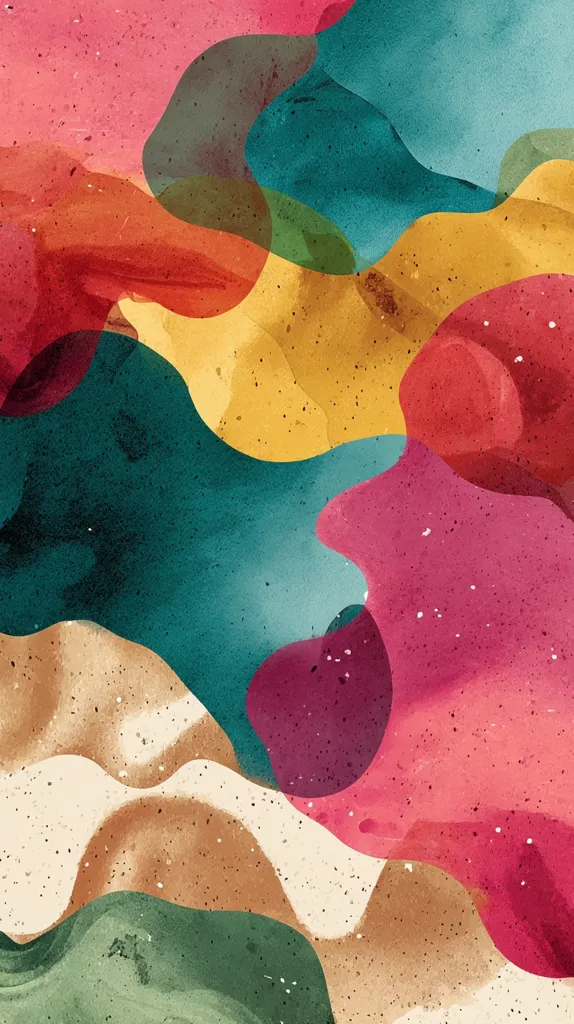 An abstract artwork features overlapping, organic shapes in a variety of warm and cool colors.  Muted pinks, reds, oranges, and yellows blend with teal, deep greens, and dusty browns. The shapes resemble flowing water or clouds, creating a sense of movement and fluidity.  A textured, speckled effect adds depth and visual interest to the piece.