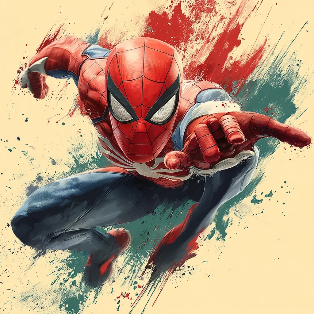 A dynamic illustration of Spider-Man in action, rendered in a vibrant, stylized art style.  The image features bold brushstrokes and splashes of color creating an energetic background, contrasting with the detailed depiction of the superhero in mid-leap.  His classic red and blue suit is prominently displayed, showcasing a powerful pose. The overall aesthetic blends comic book energy with a vintage poster feel.