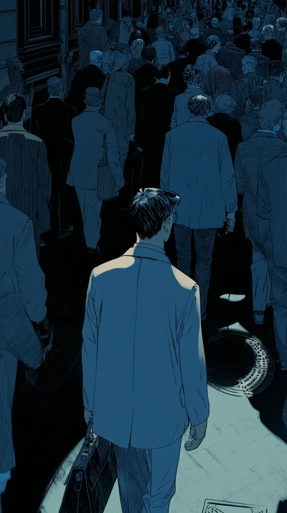A man in a suit walks away from the viewer, carrying a briefcase. He is surrounded by a large crowd of people, all dressed in business attire, moving in the same direction down a city street at night. The scene is depicted in a muted blue color palette, creating a somber atmosphere. The man's isolation within the dense crowd is visually striking.