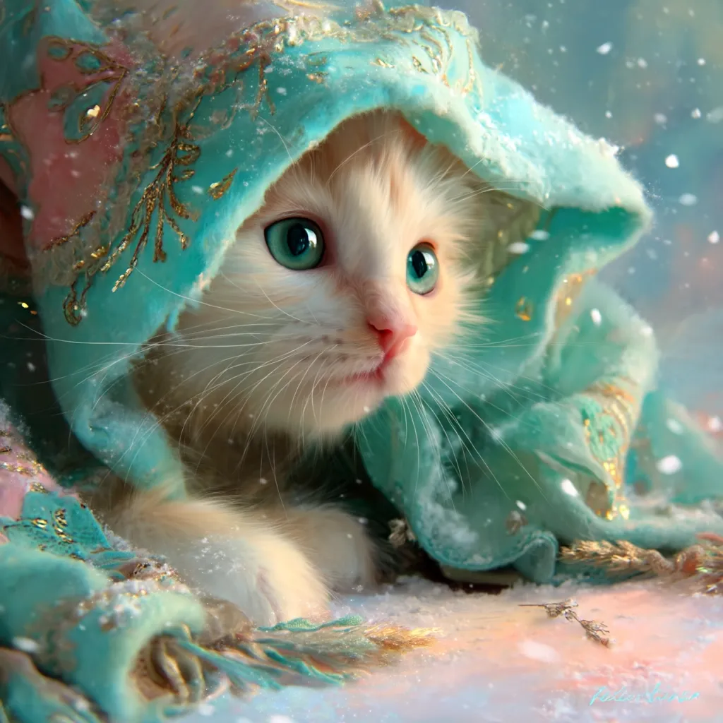 A fluffy white kitten with striking blue eyes is nestled inside a teal, ornate shawl.  Snow gently falls around it, creating a magical winter scene. The kitten's expression is curious and sweet, its paws peeking out from the soft fabric.  The overall image is dreamy and whimsical, evoking feelings of warmth and wonder.