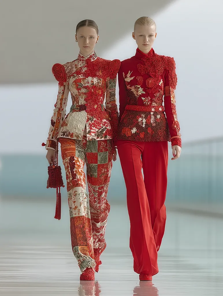 Two models showcase elaborate red ensembles on a runway.  The model on the left wears a patchwork pantsuit with intricate floral and red accents, while the model on the right sports a solid red suit adorned with red embroidered detailing. Both outfits feature a modern twist on traditional Chinese aesthetics, complemented by red shoes and accessories.  The setting is minimalist and modern, emphasizing the garments' striking designs.