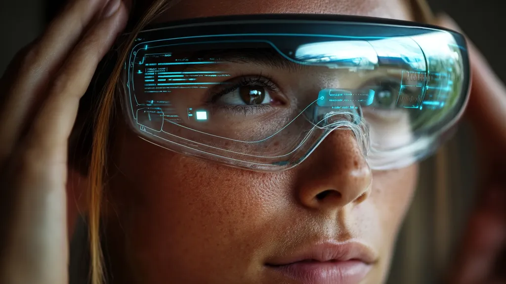 Close-up of a woman wearing futuristic transparent glasses displaying blue digital data.  Her hands gently adjust the eyewear, which overlays information onto her field of vision. The image suggests a concept of augmented reality or a technologically advanced future.  Her expression is thoughtful and serious.