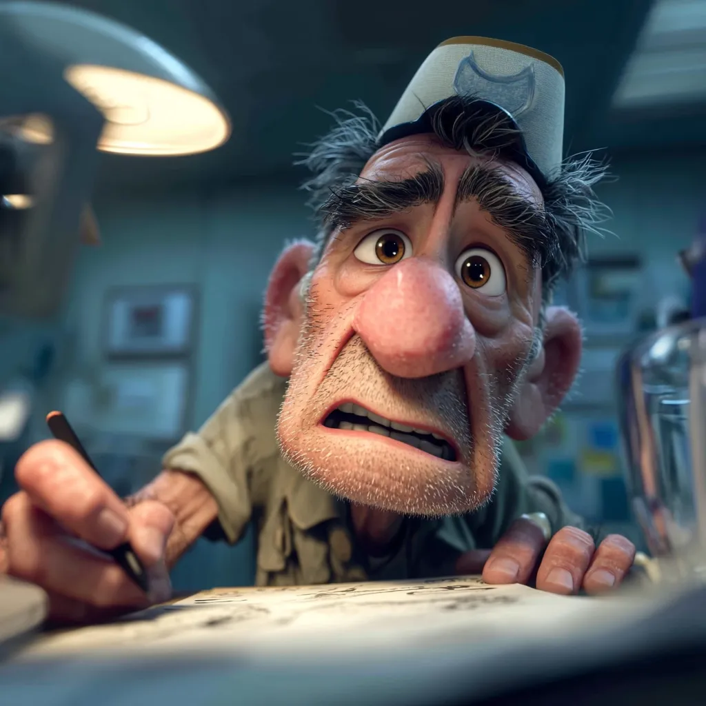 Close-up of a worried-looking, animated, elderly man with a large nose. He wears a light-blue cap and a tan shirt.  His expression is one of concern or apprehension. He's hunched over a table, holding a pencil, seemingly working on a drawing or design. The setting appears to be a dimly lit office or workshop. The image is highly detailed, emphasizing the character's facial features and texture.