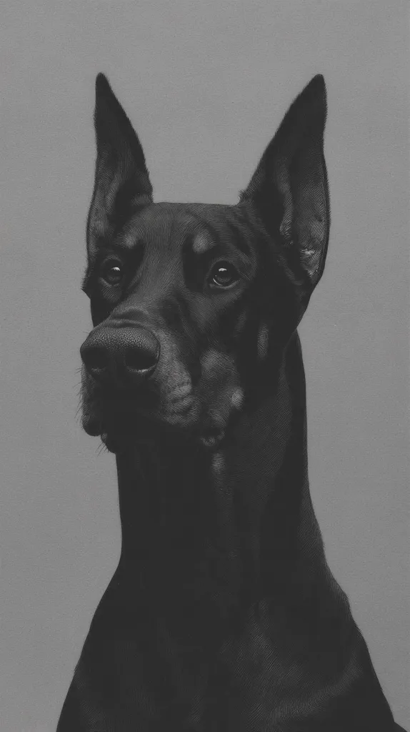 A striking monochrome portrait captures a Doberman Pinscher, its sleek, black coat sharply defined against a muted gray background.  The dog's intense gaze and erect ears convey alertness and nobility.  The detailed rendering emphasizes the texture of its fur and the strength of its features, creating a powerful and elegant image.